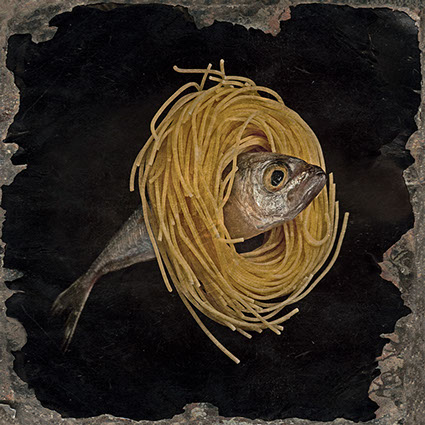 picture of a dead fish surrounded by Chinese noodles shot in studio Halet with a Mamiya medium format digital back Phase One