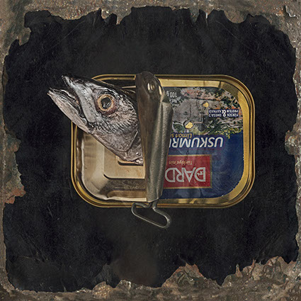 picture of a dead fish in a can shot in studio Halet with a Mamiya medium format digital back Phase One
